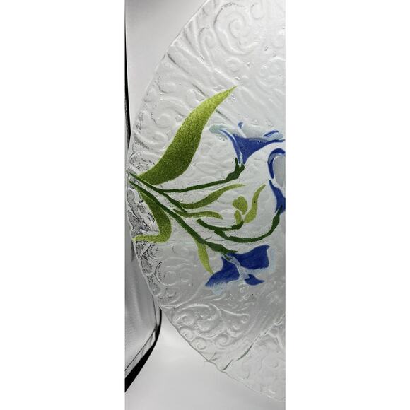 Platter Bowl Glass Japanese Iris Star Flowers Serving Dish Painted Scalloped 12" - Picture 3 of 10